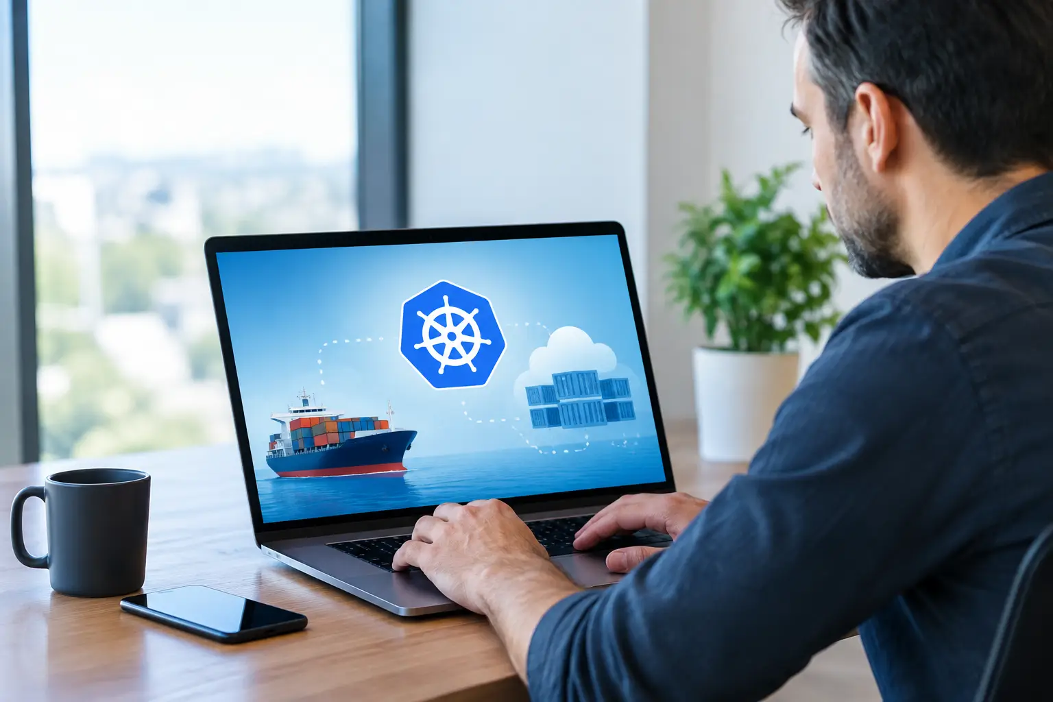 Developer at a laptop showing a container ship and the Kubernetes logo connected to cloud workloads